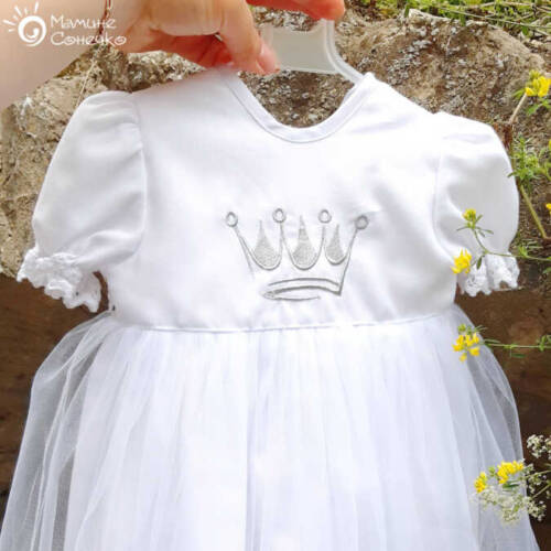 Embroidered dress for girls “Crown small plus” silver, linen