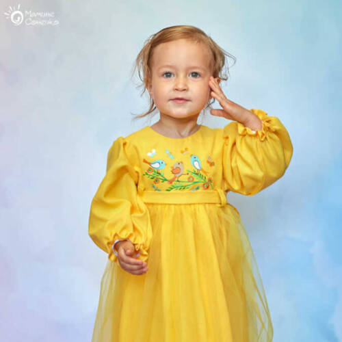 Embroidered dress for girls “Yellow Birdie Plus”, yellow linen