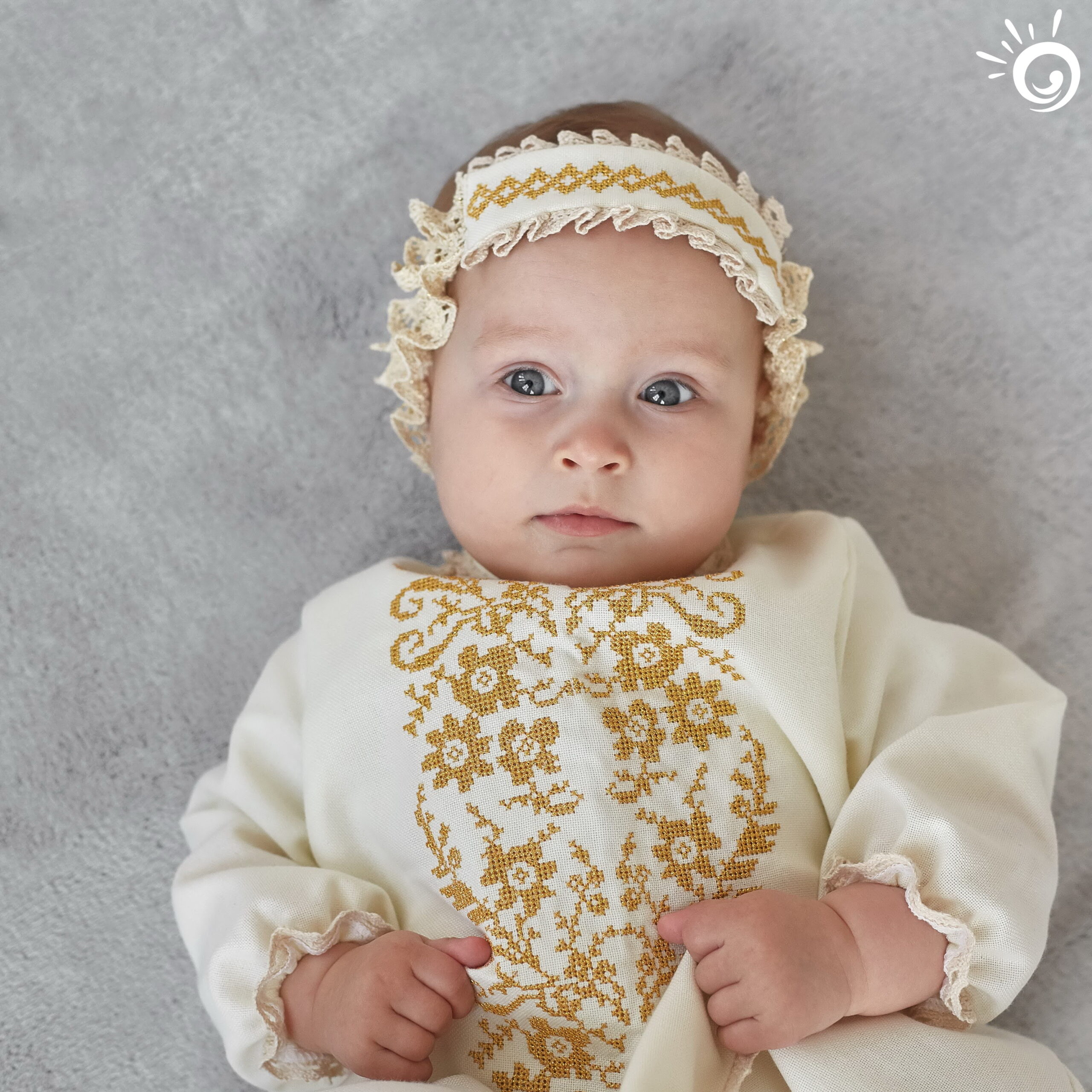 Costume for baptism of a girl “Princess gold”, linen