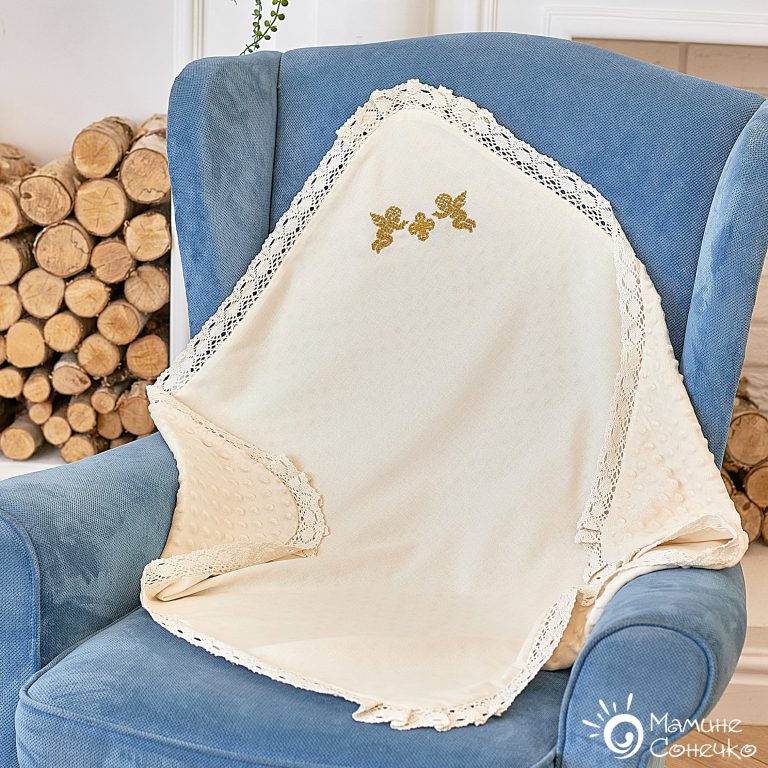 Крыжма-плед "Ангелы и крестик" золото, натуральный лен цвета айвори