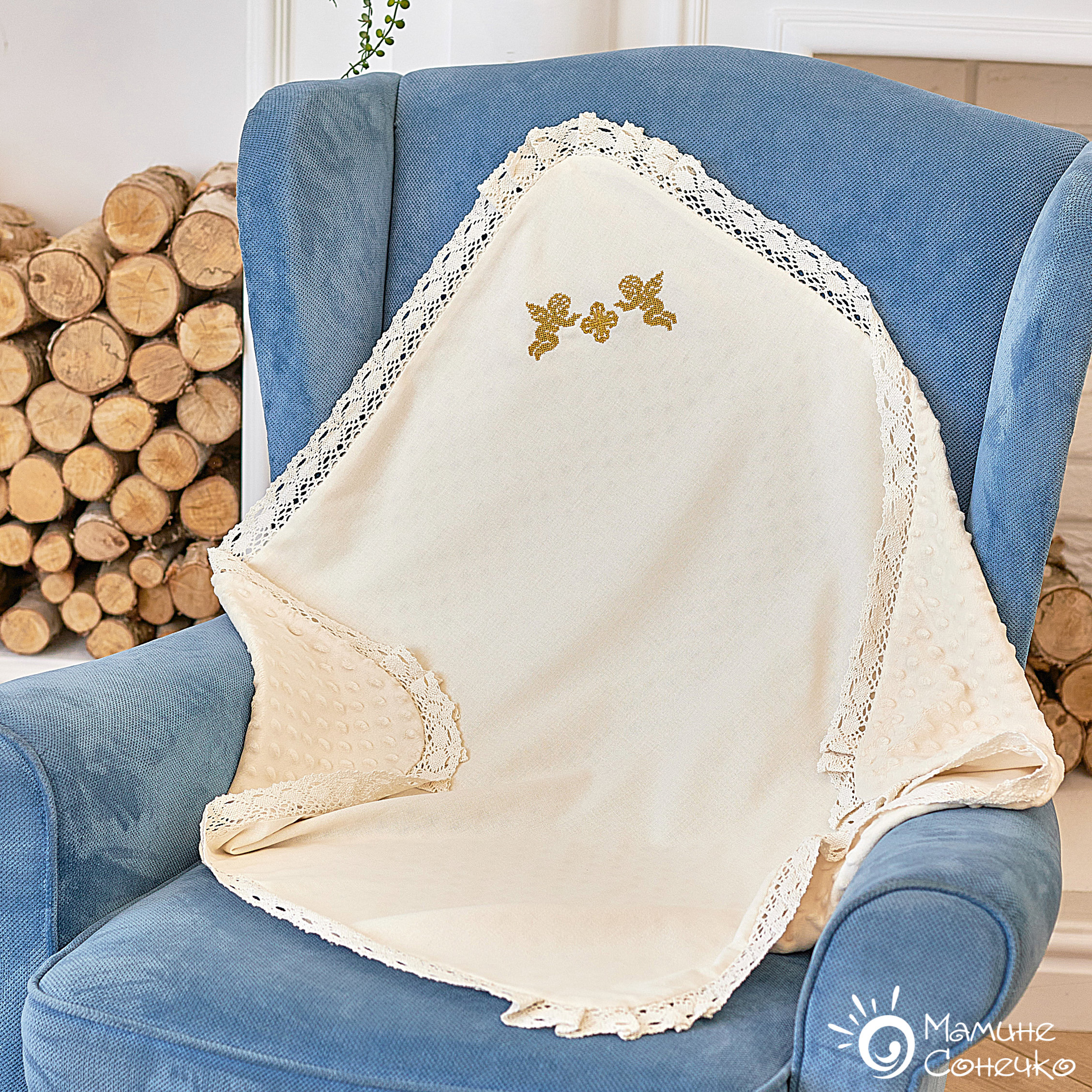 Baptismal blanket “Angels and a cross” gold, linen + plush