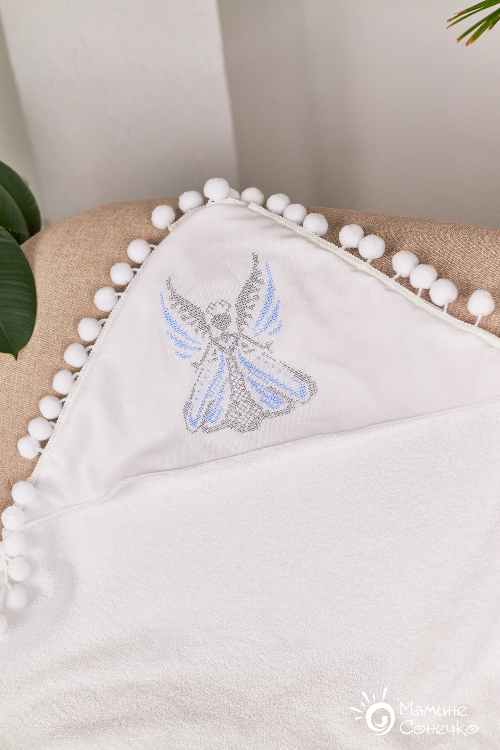 Baptismal blanket “Big Angel” silver-blue, linen + plush + bath terry