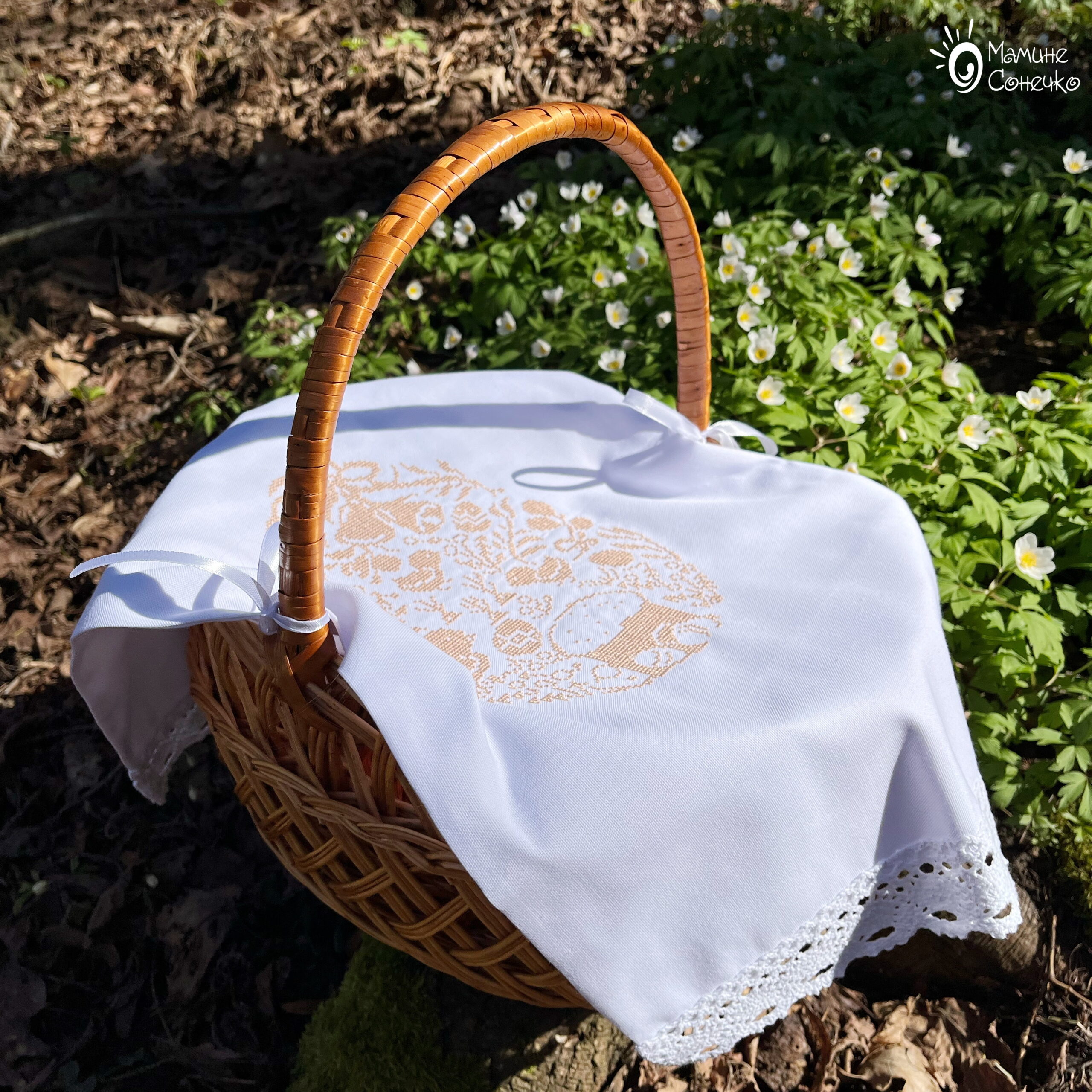 Adult Easter towel “Easter egg” beige, white linen