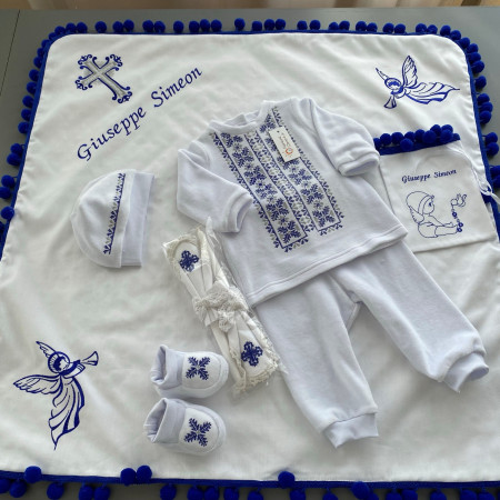 Complete set for baptism of a boy “Pine needles” ultramarine, velour