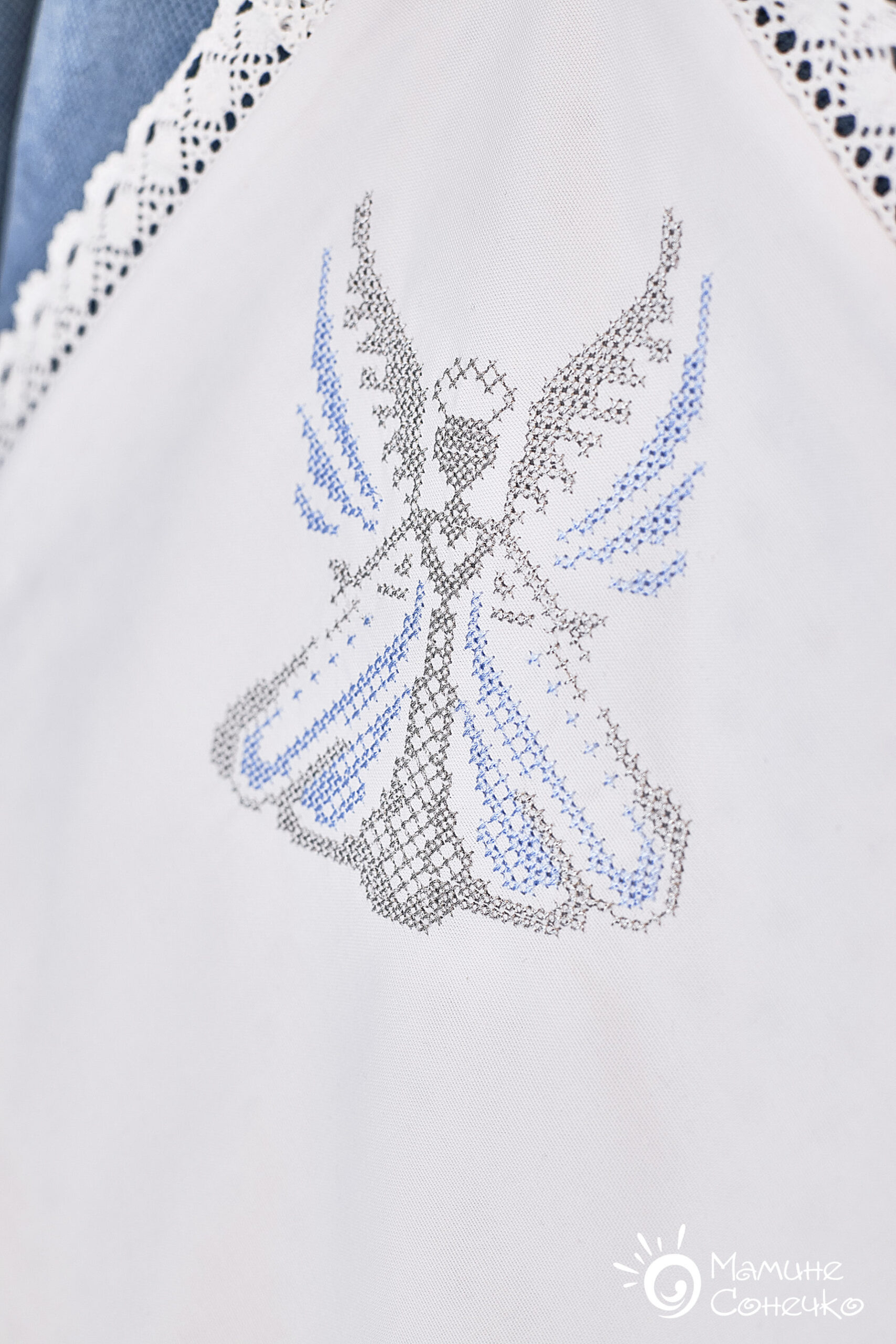 Крижма-плед “Ангел великий” срібно-блакитний, льон + плюш