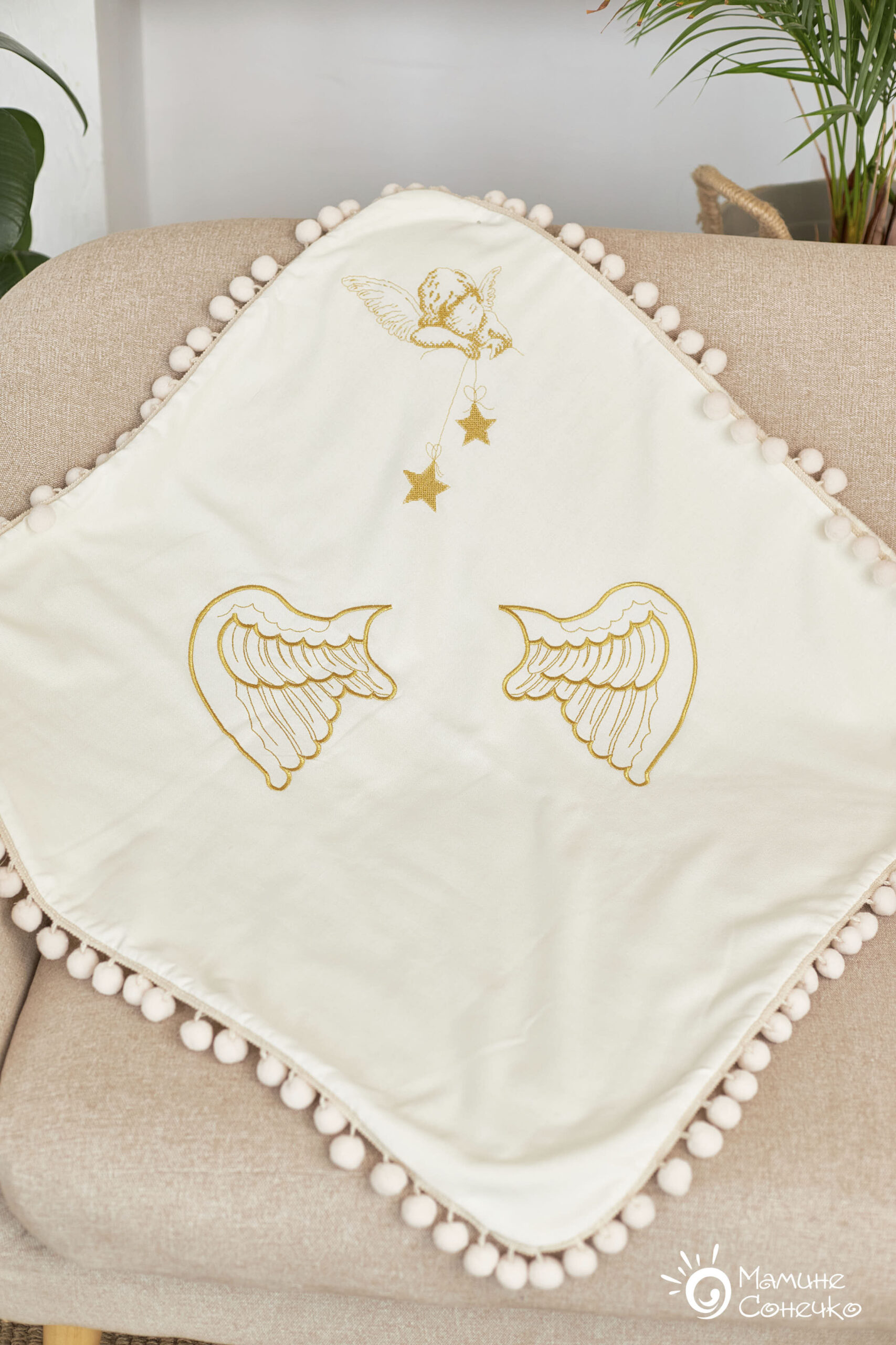 Крижма-плед “Ангел з зірочками, крила” золото, льон + махра