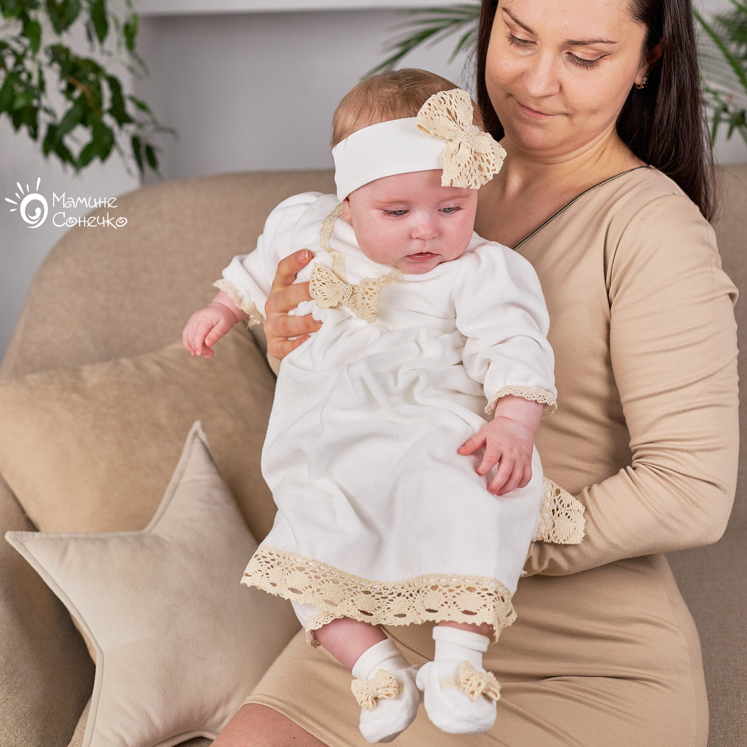 Baby baptismal suit “Bow milk”, velour – ivory colour