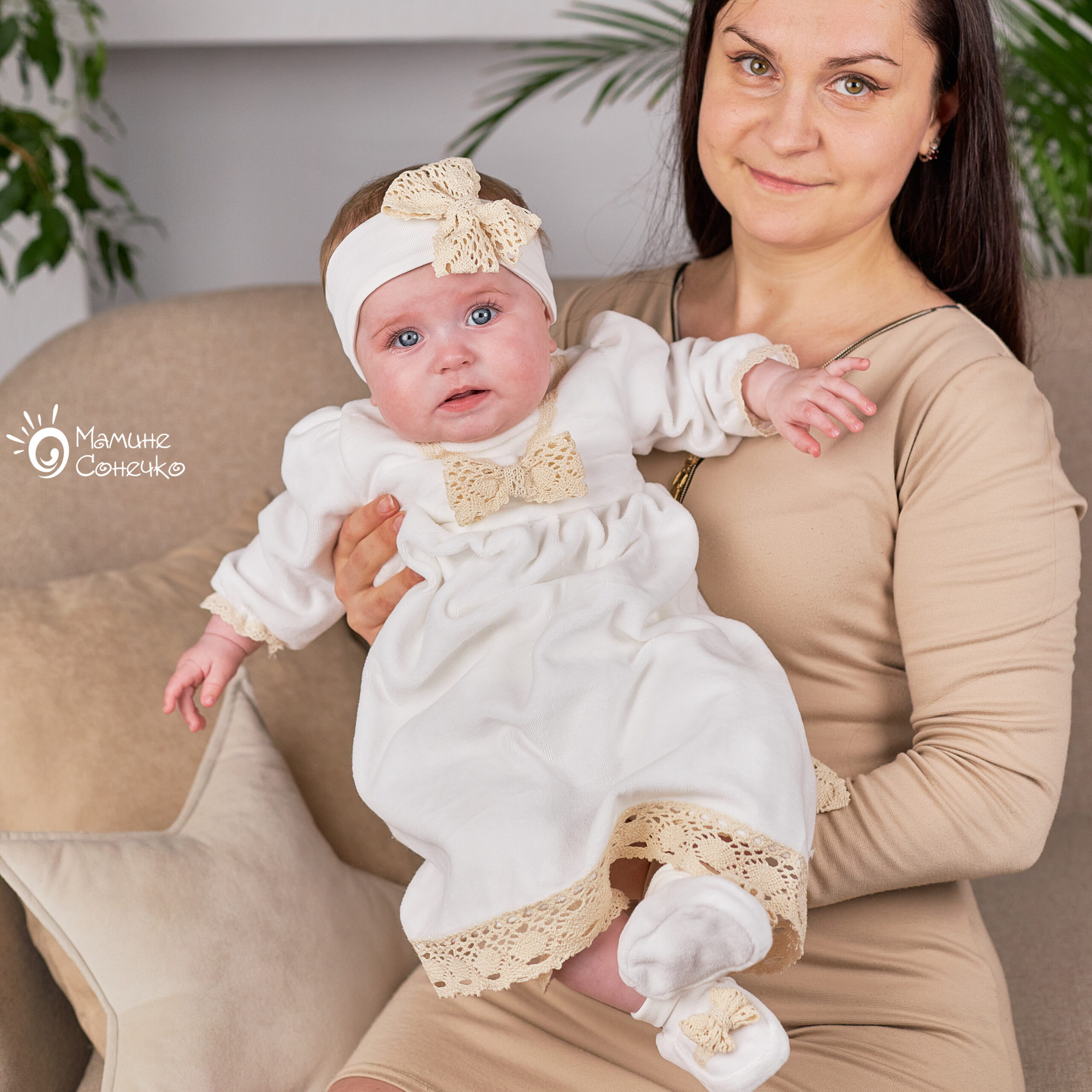 Baby baptismal suit “Bow milk”, velour – ivory colour