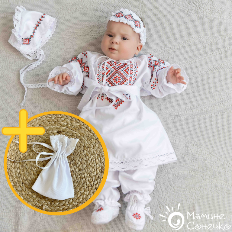 Одяг для хрещення дівчинки "Україночка", білий льон + мішечок для локона у подарунок
