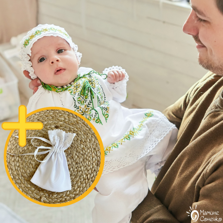 Костюм для хрещення дівчинки "Лісова пісня", льон + мінімалістичний мішечок для локона у подарунок