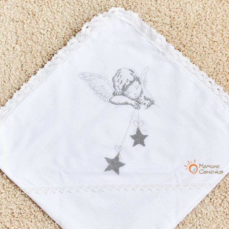 Крыжма тонкая для крещения "Ангел со звездочками" серебро, лен