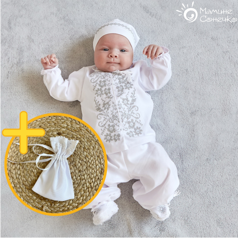 Костюм для крещения мальчика "Монохром цветы серебро", лен