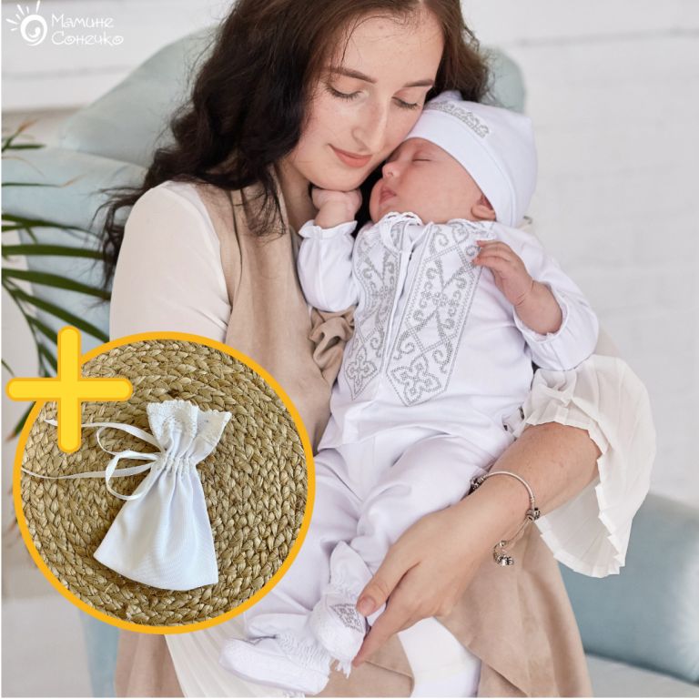 Костюм для крещения мальчика "Монохром геометрия" серебро, лен