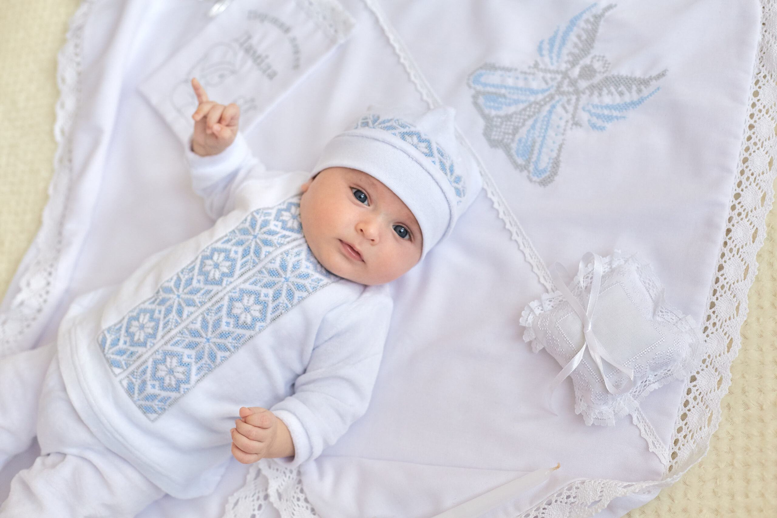 Complete set for baptism of a boy “Big stars” silver and blue, velour