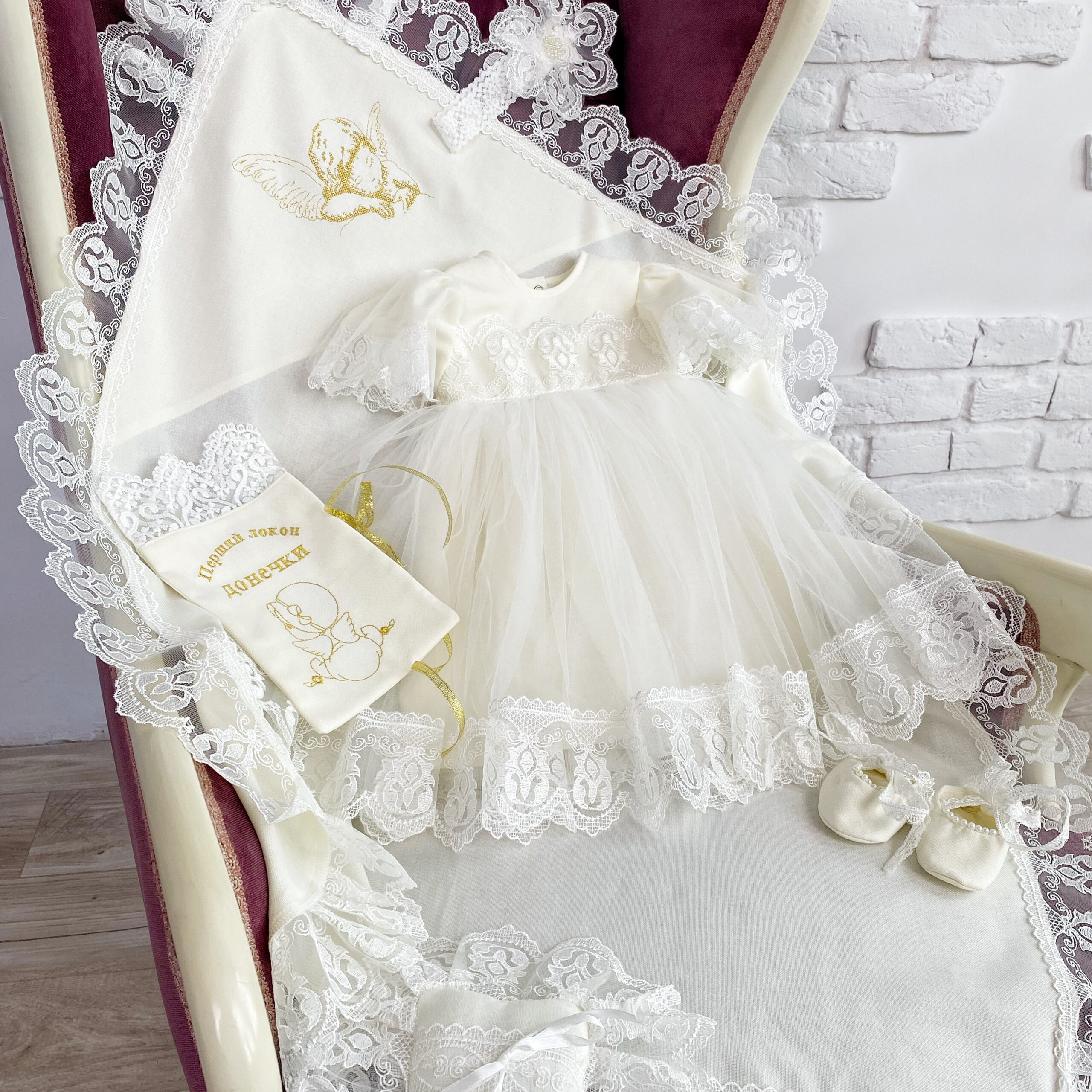 Complete set for the baptism of a girl “Baroque Princess Summer”, linen