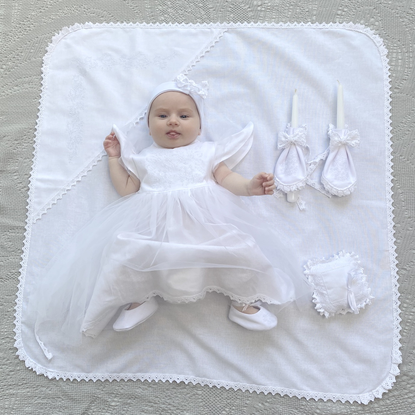 Complete set for the baptism of a girl “Mother’s flower white summer”, white linen