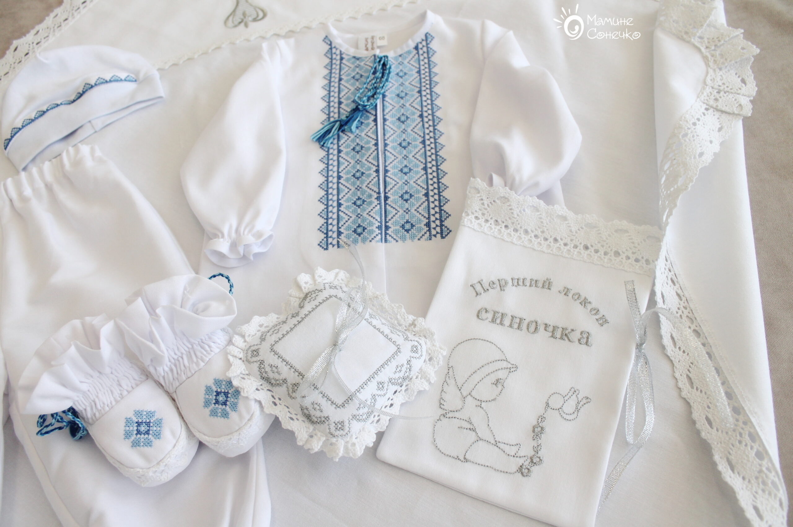 Complete set for baptism of a boy “Blue lace”, linen, silver