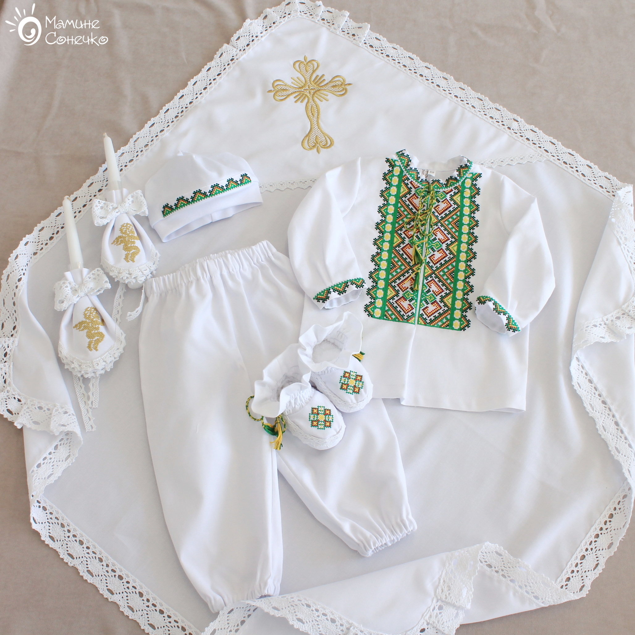 Complete set for baptism of a boy “Bogatyr” green, linen