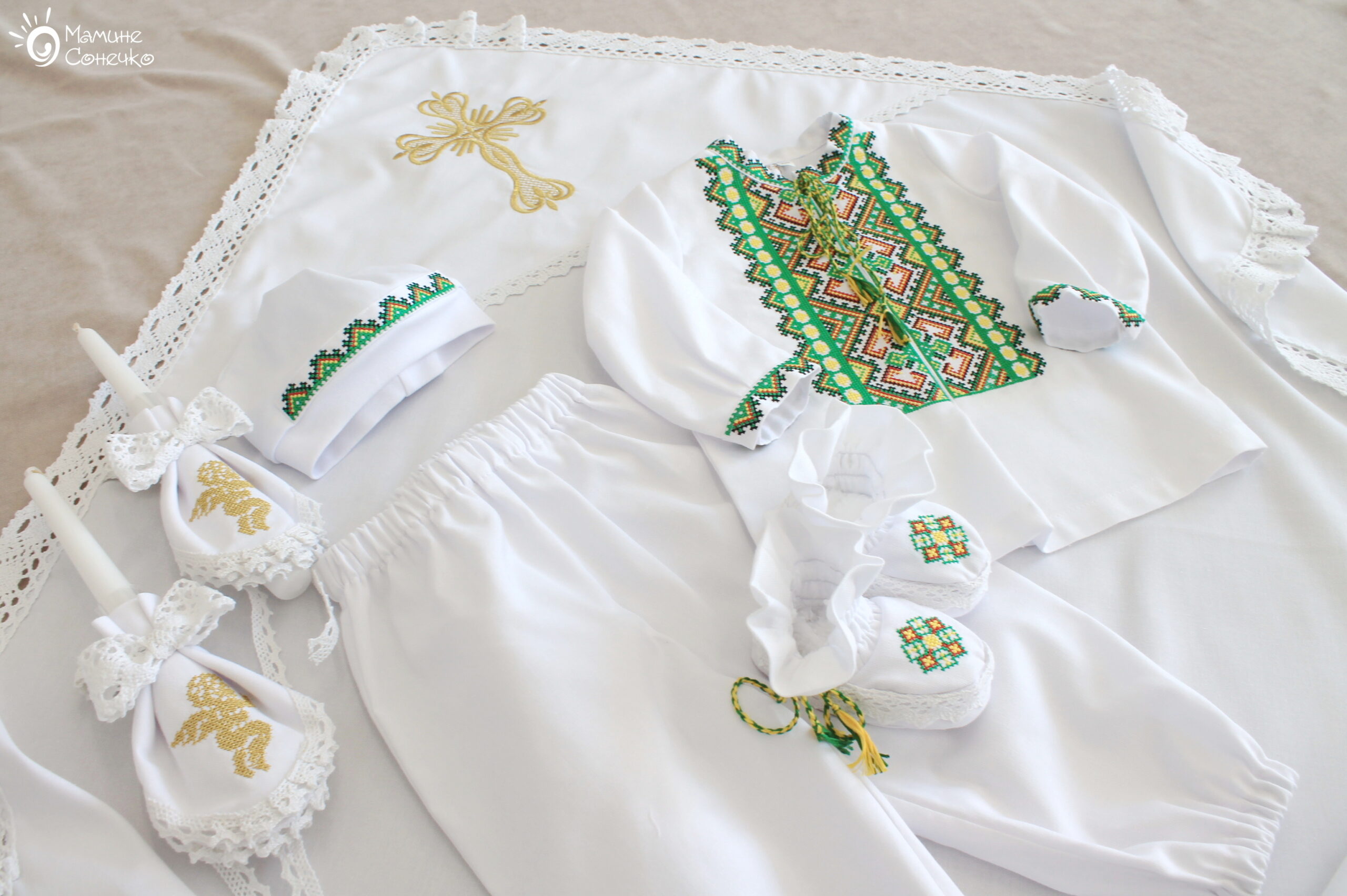 Complete set for baptism of a boy “Bogatyr” green, linen