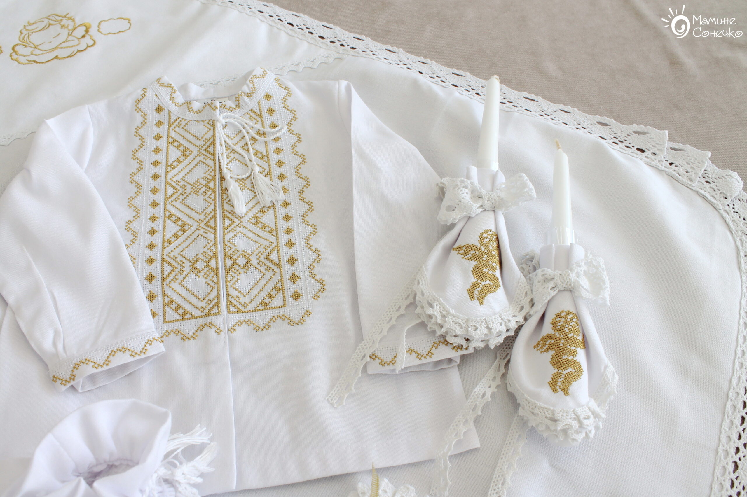 Complete set for baptism of a boy “Bogatyr” gold and white, linen