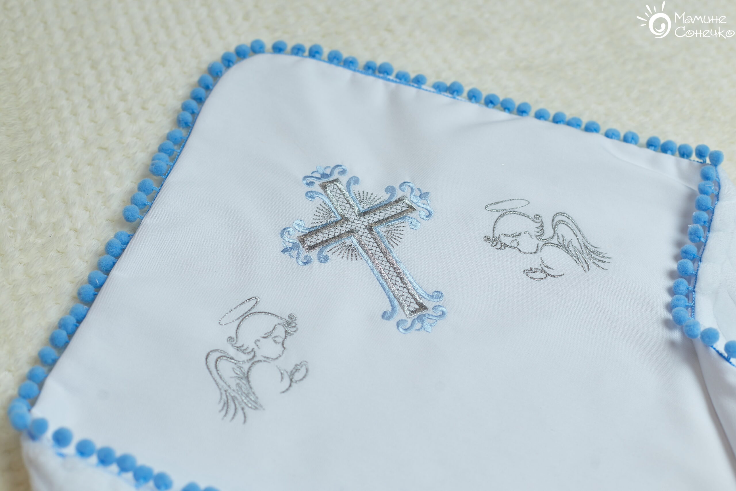 Baptismal blanket “Two-tone cross with silver angels”, linen + plush