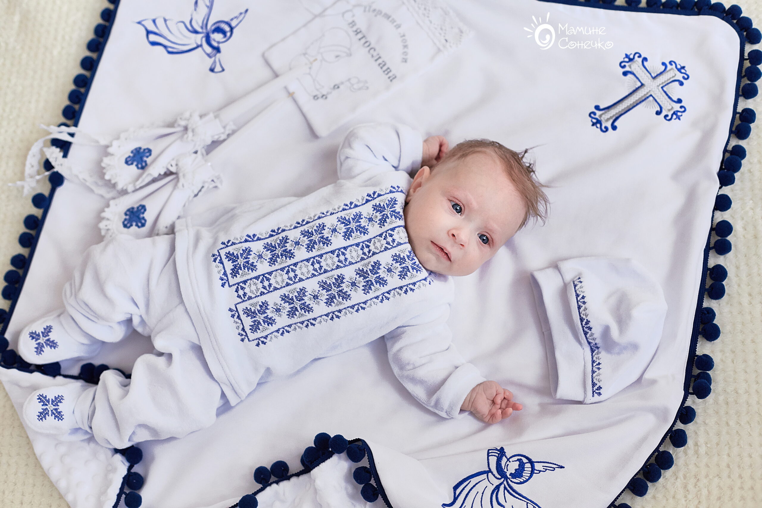 Complete set for baptism of a boy “Pine needles” silver-blue, velour