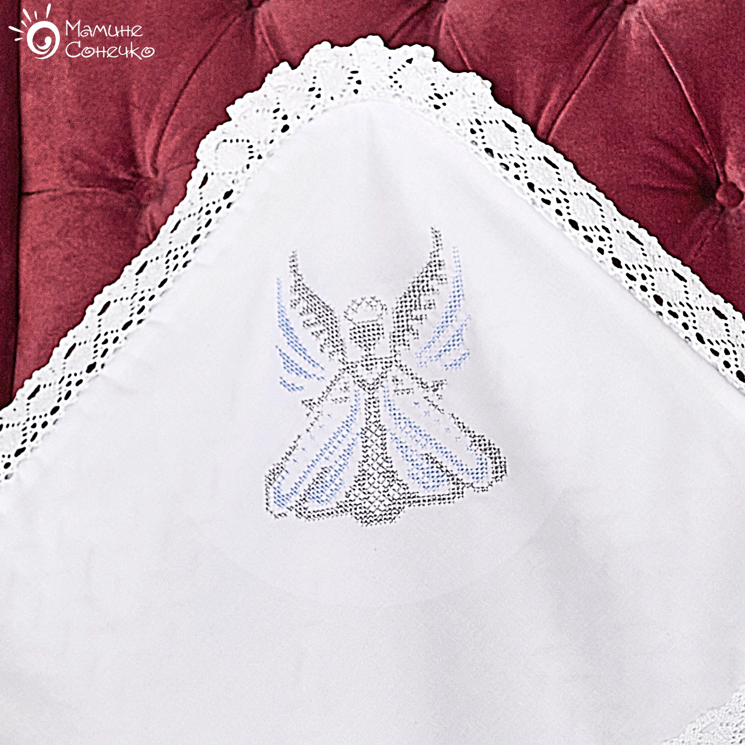Baptismal blanket “Big Angel” silver and blue, linen + plush