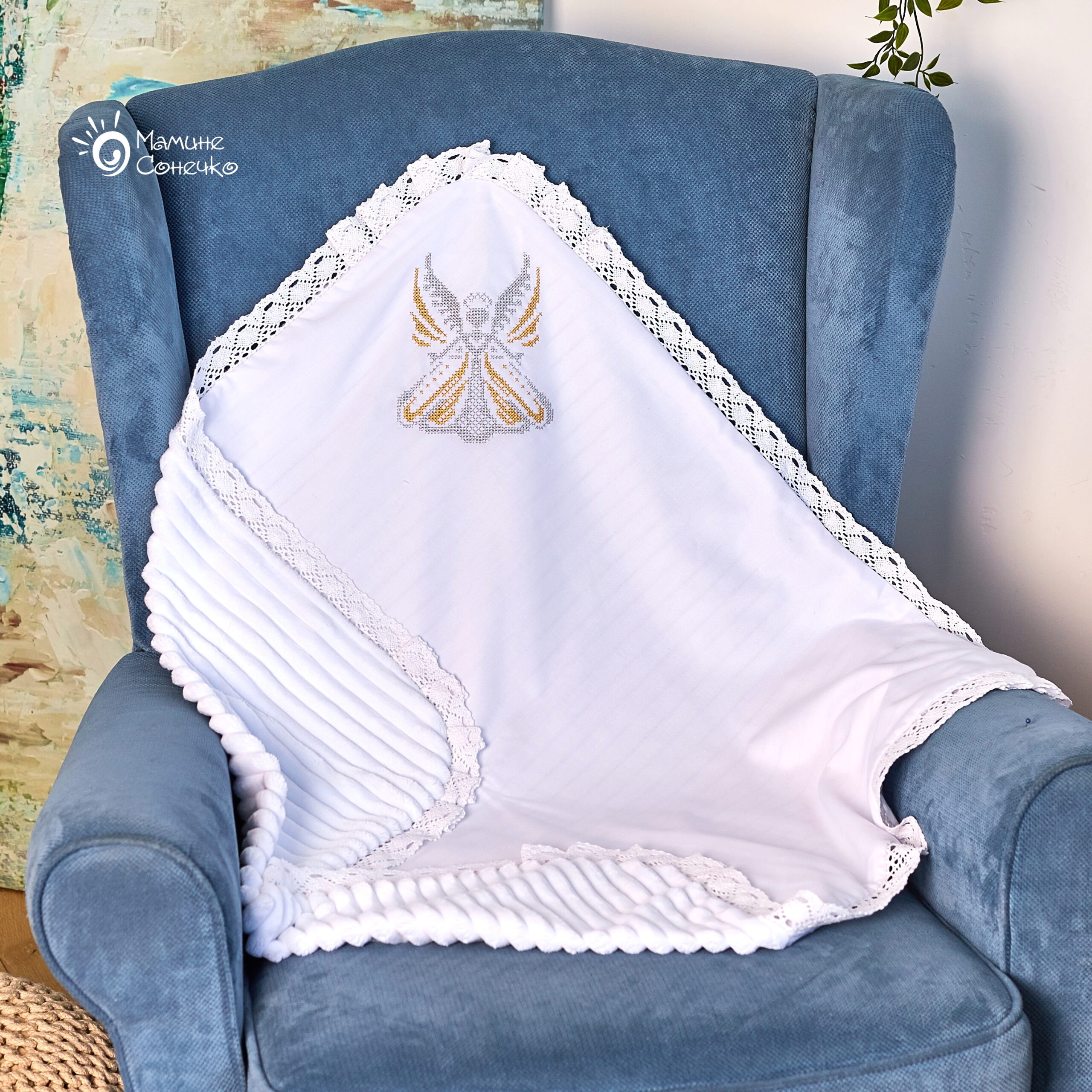 Baptismal blanket “Big Angel” silver-gold, linen + plush