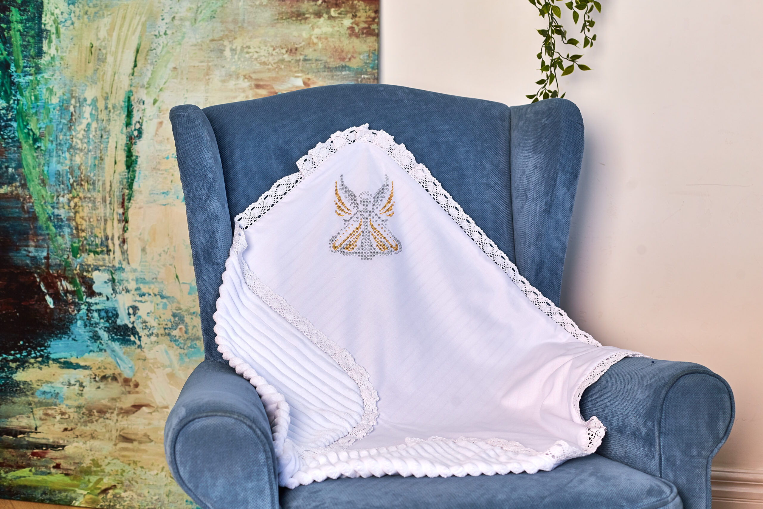 Baptismal blanket “Big Angel” silver-gold, linen + plush
