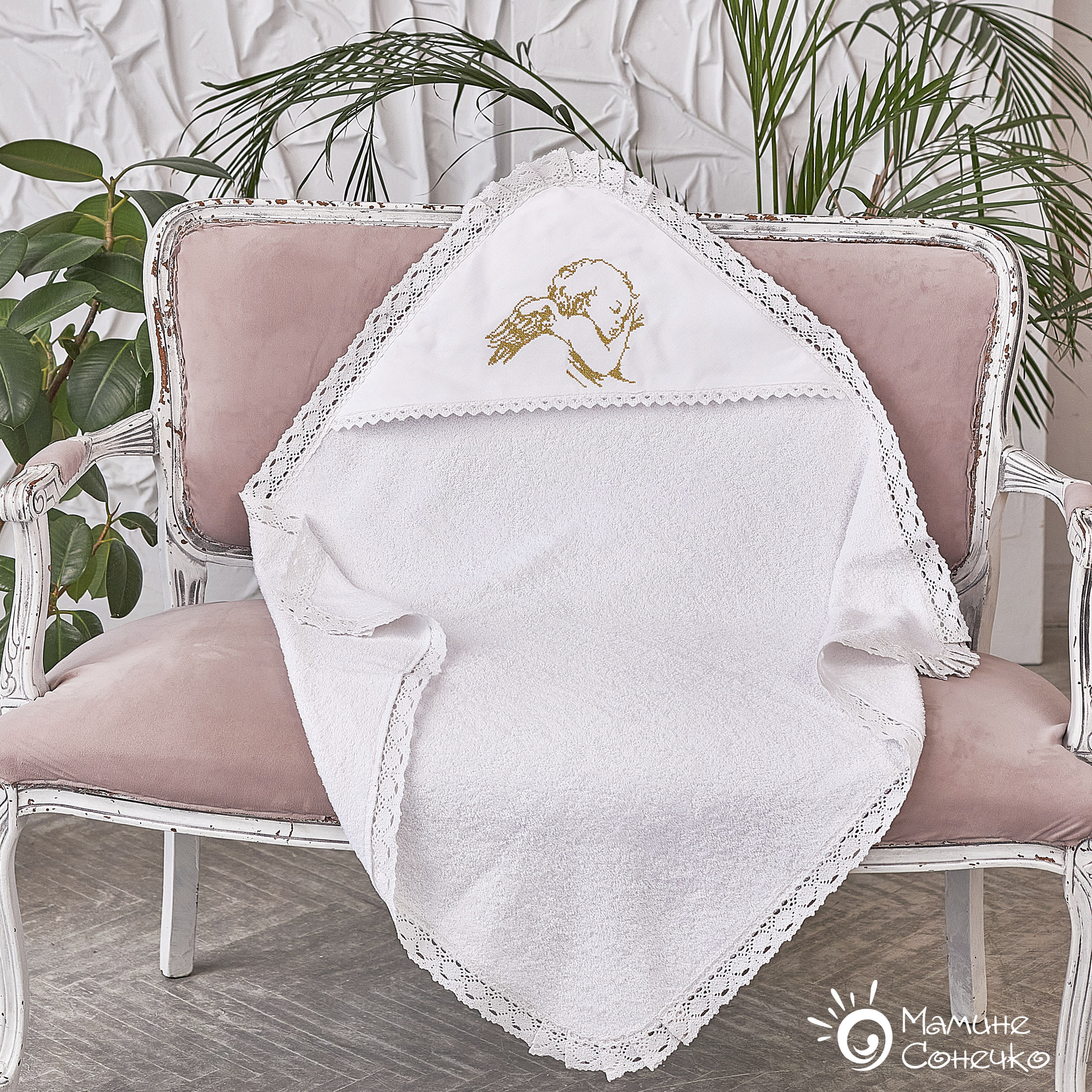 Крыжма-полотенце для крещения “Ангел спит” золото, белая банная махра