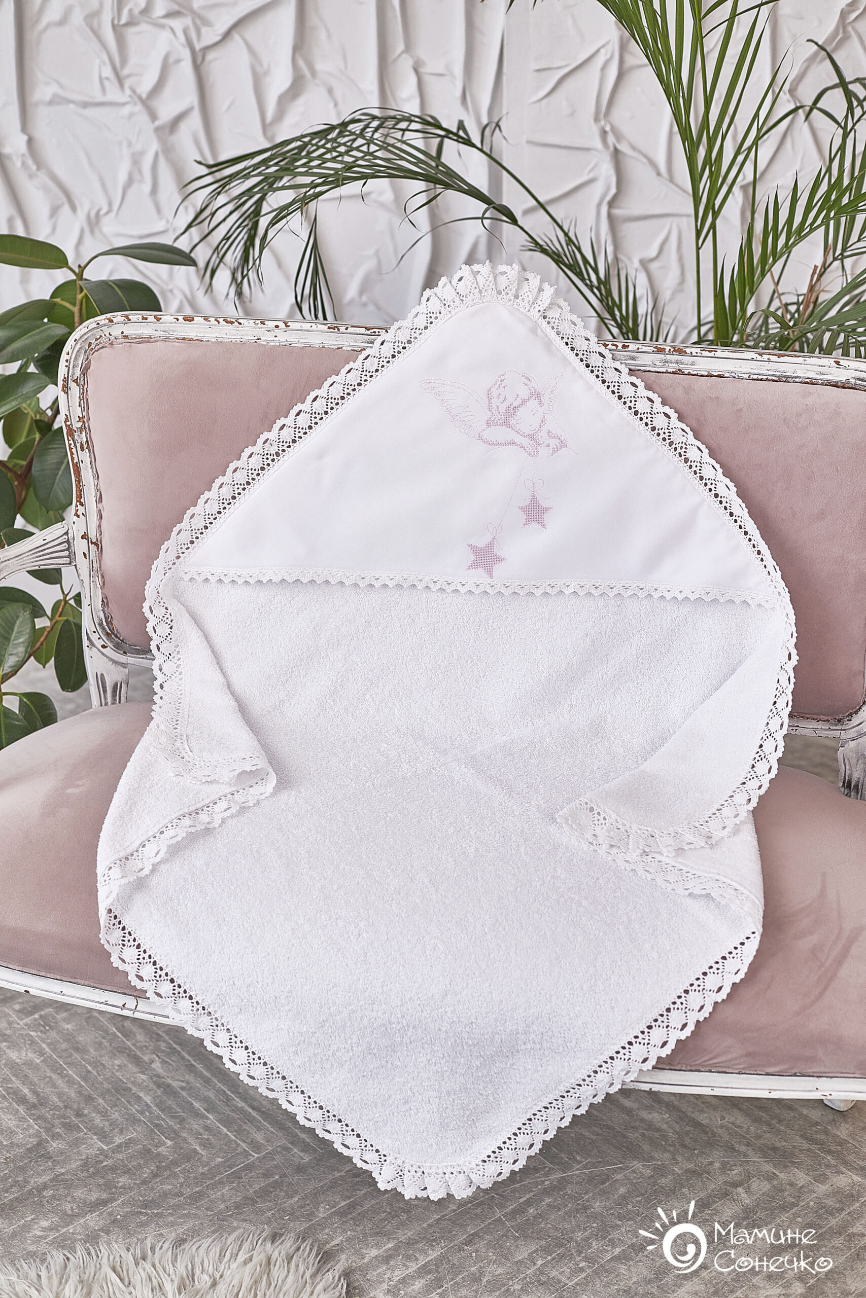 Baptismal towel “Angel with stars” pink, white terry bath towel