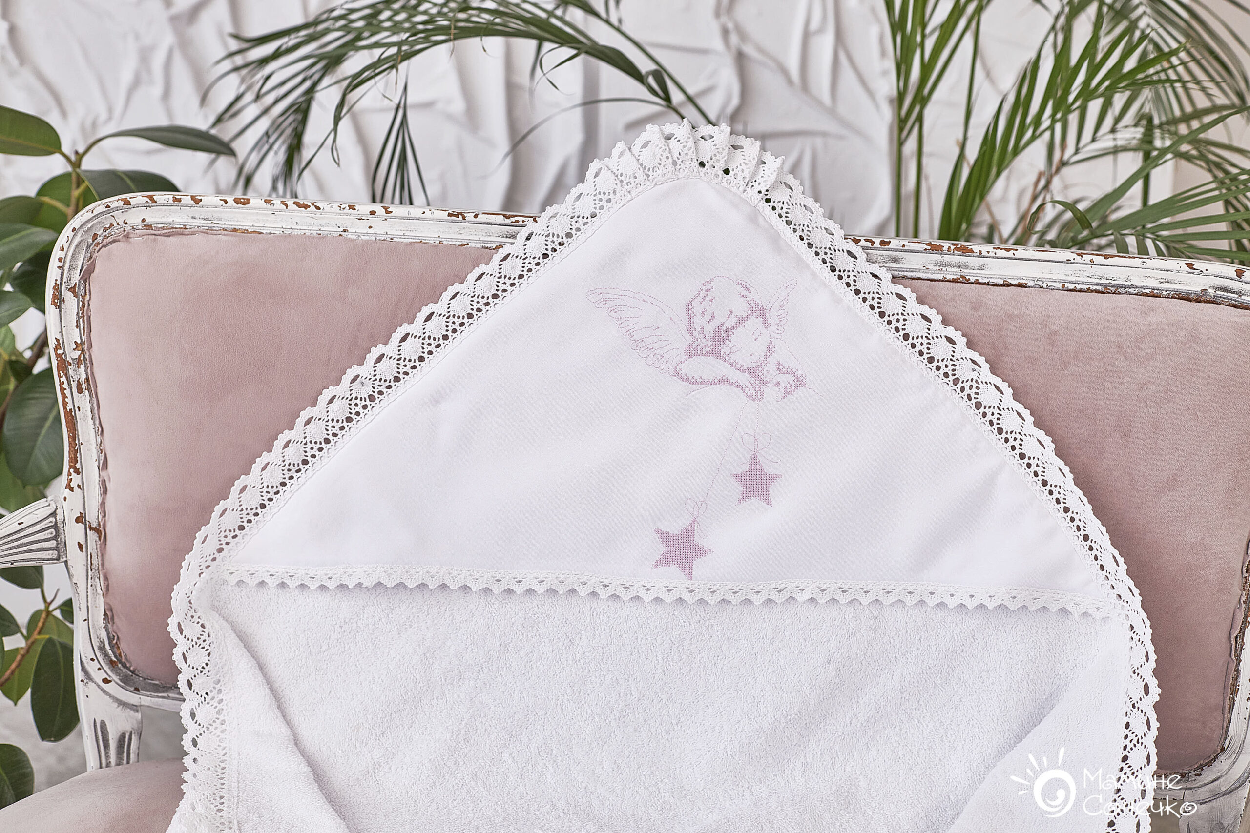 Крижма-рушник для хрещення “Ангел з зірочками” рожевий, біла махра банна