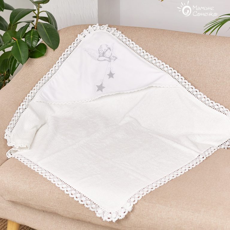Крыжма-полотенце для крещения "Ангел со звездочками" серебро, белая банная махра