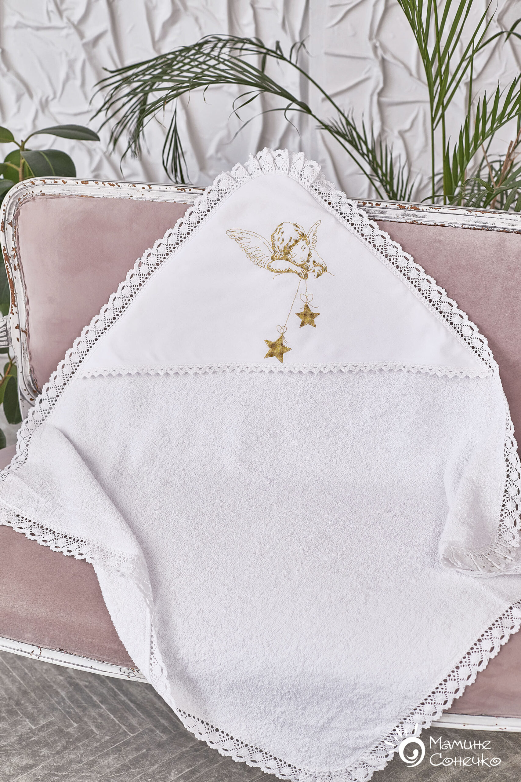 Крыжма-полотенце для крещения “Ангел со звездочками” золото, белая банная махра