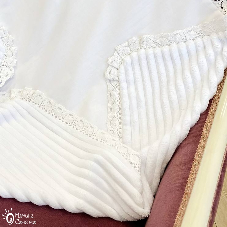 Baptismal blanket “Curly Cross” silver, white linen + striped plush