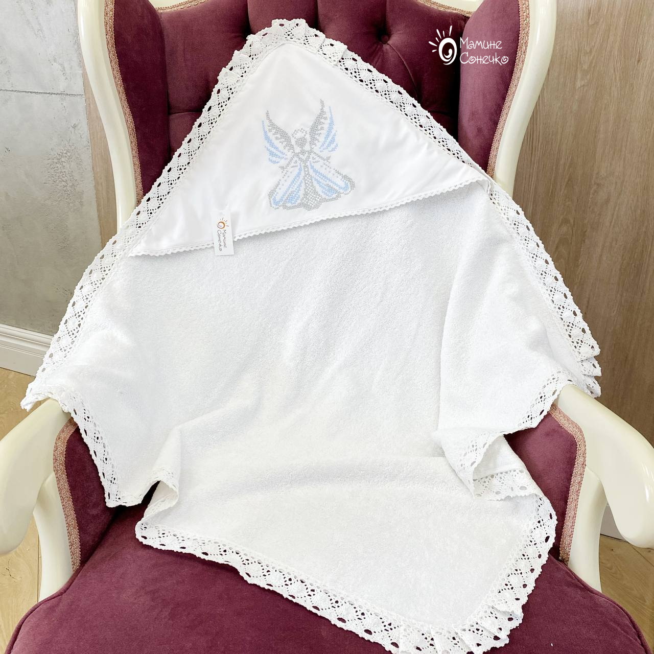 Крижма-рушник на хрещення “Ангел великий” срібно-блакитний, банна махра