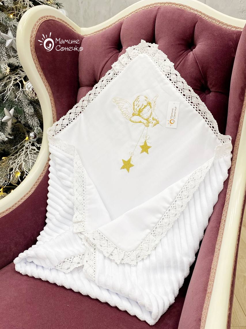 Baptismal blanket “Angel with stars” gold, white linen + striped plush
