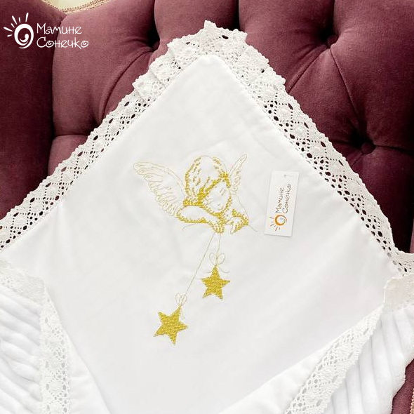 Baptismal blanket “Angel with stars” gold, white linen + striped plush