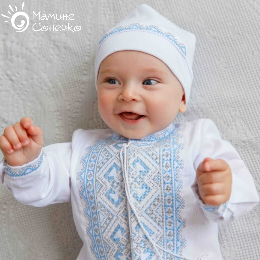 Костюм для хрещення хлопчика “Богатир” срібно-блакитна вишивка, льон білий