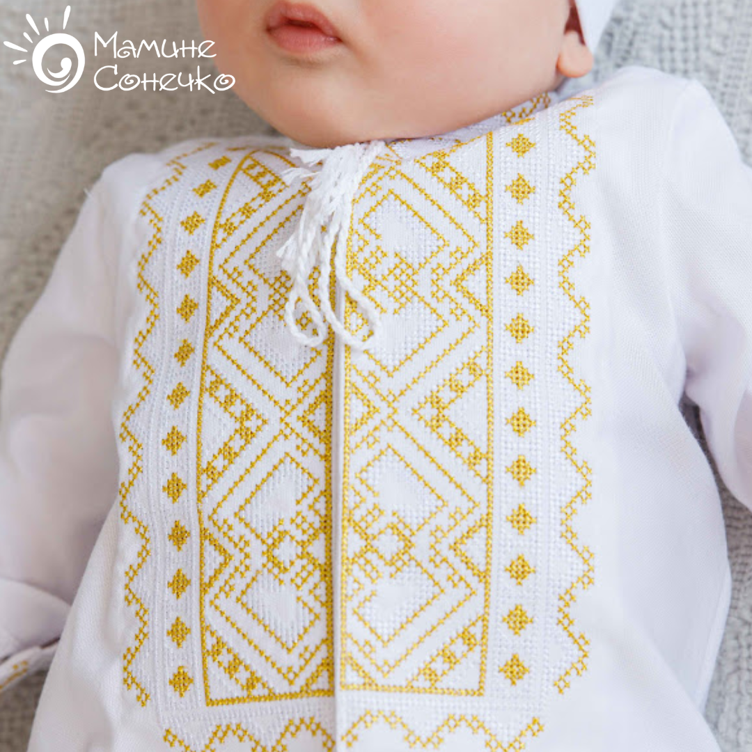 Костюм для хрещення хлопчика “Богатир” золото-біла вишивка, льон білий