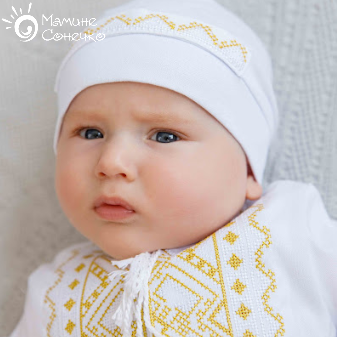 Костюм для хрещення хлопчика “Богатир” золото-біла вишивка, льон білий