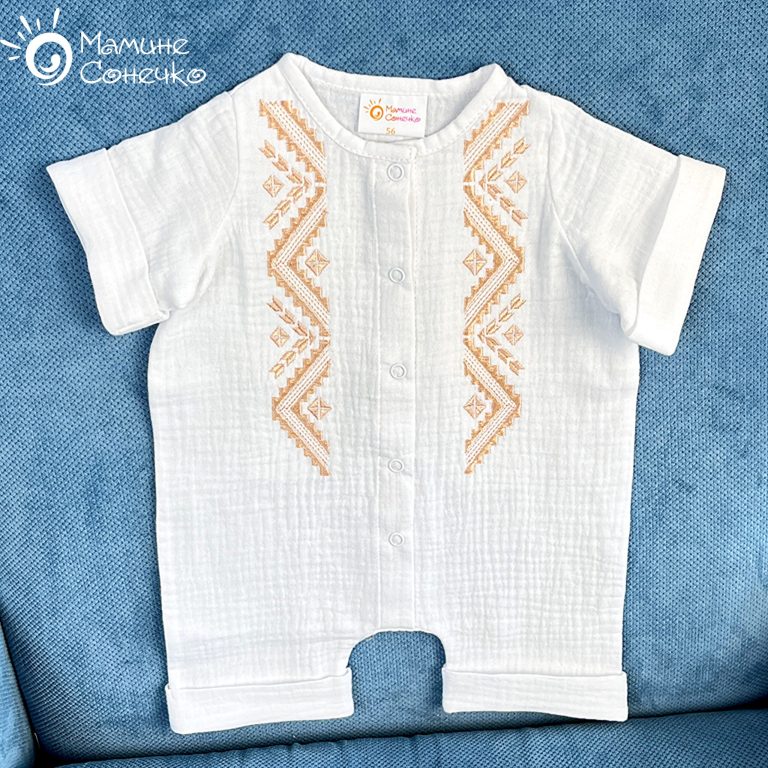 Мусліновий ромпер “Батяр”, одяг для хрещення, бежева вишивка