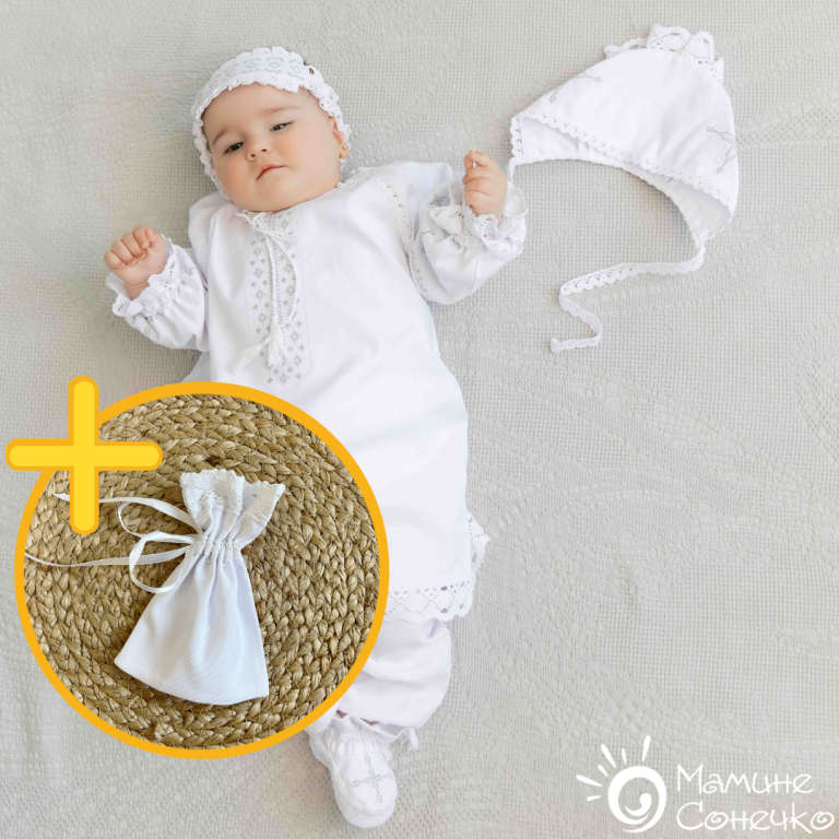Одяг для хрещення дівчинки "Галичанка" срібно-біла вишивка, білий льон + мінімалістичний мішечок для локона у подарунок