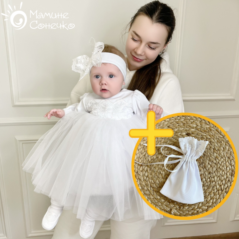 Костюм для хрещення дівчинки “Балерина-Лілії" білий велюр + мінімалістичний мішечок для локона у подарунок