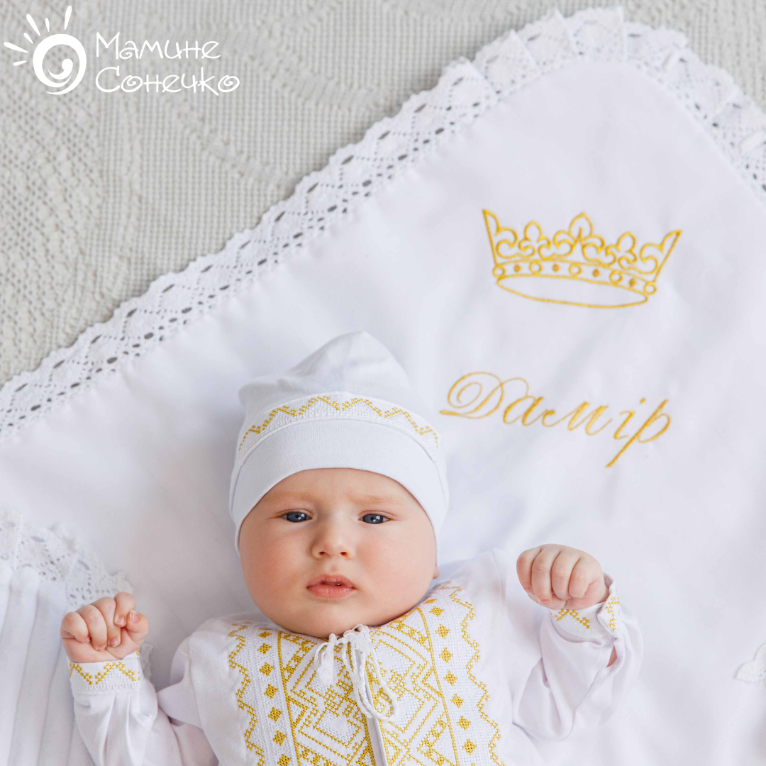 Набір для хрещення хлопчика “Богатир” золото-біла вишивка, білий льон