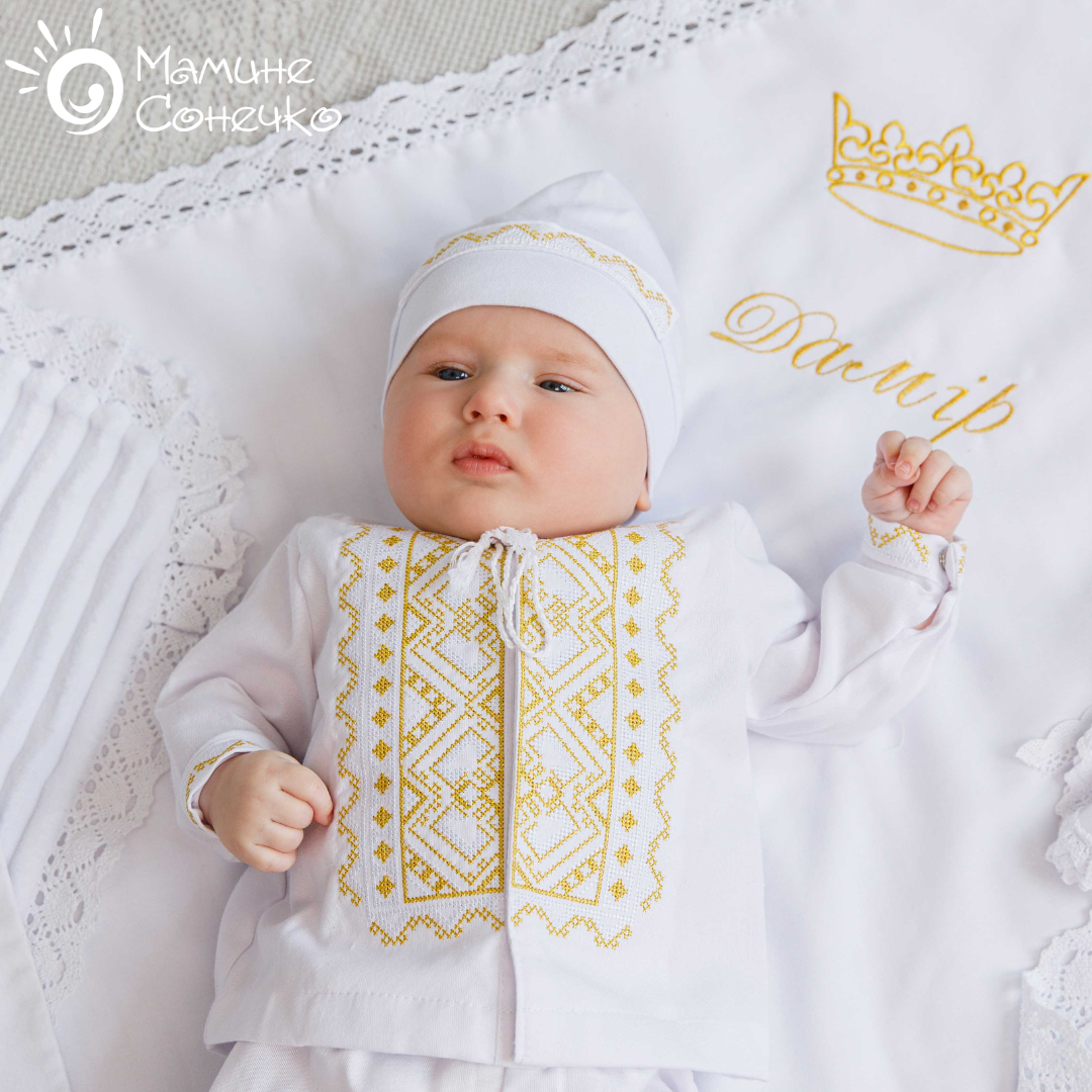 Набір для хрещення хлопчика “Богатир” золото-біла вишивка, білий льон