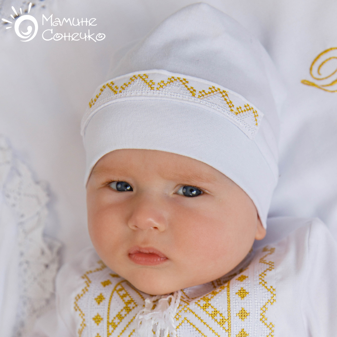 Набір для хрещення хлопчика “Богатир” золото-біла вишивка, білий льон